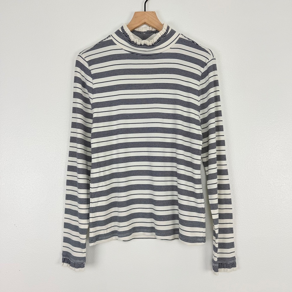 J.Crew Vintage Ribbed Ruffle Mock Neck Sweater Top XL Striped Cream Navy‎ NWT